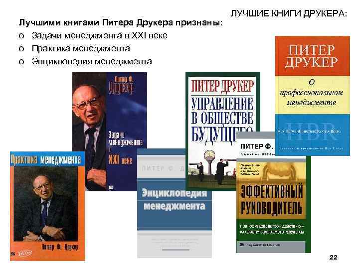 Лучшими книгами Питера Друкера признаны: o Задачи менеджмента в XXI веке o Практика менеджмента