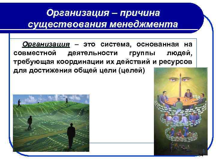 Организация – причина существования менеджмента Организация – это система, основанная на совместной деятельности группы