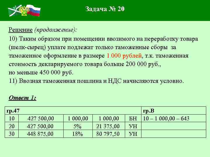Задача № 20 Решение (продолжение): 10) Таким образом при помещении ввозимого на переработку товара