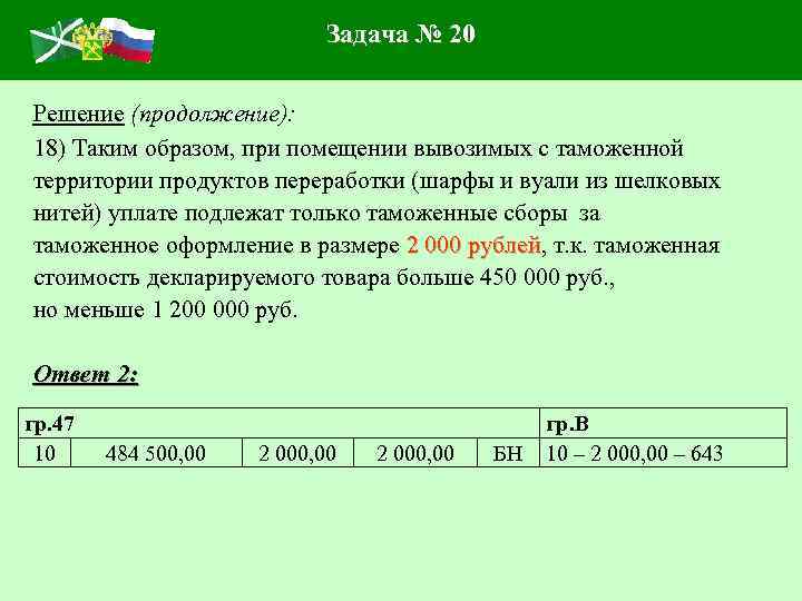 Задача № 20 Решение (продолжение): 18) Таким образом, при помещении вывозимых с таможенной территории