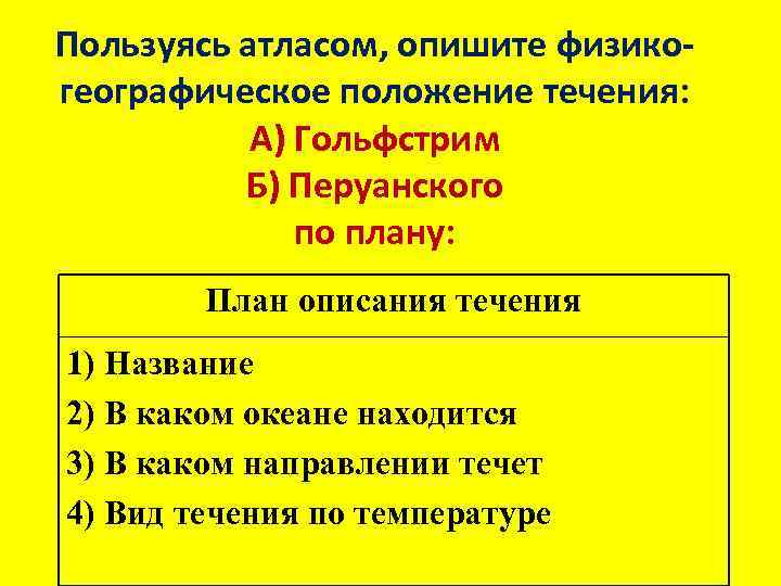 Пользуясь атласом. План описания течения. План описания течения Гольфстрим. План описания течения перуанского. План описания течения 6 класс.