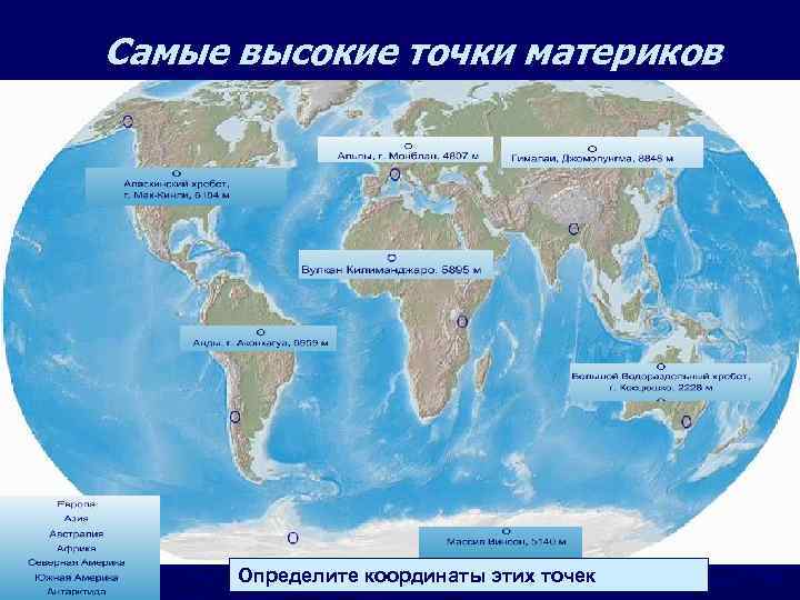 Самые высокие точки материков Определите координаты этих точек 