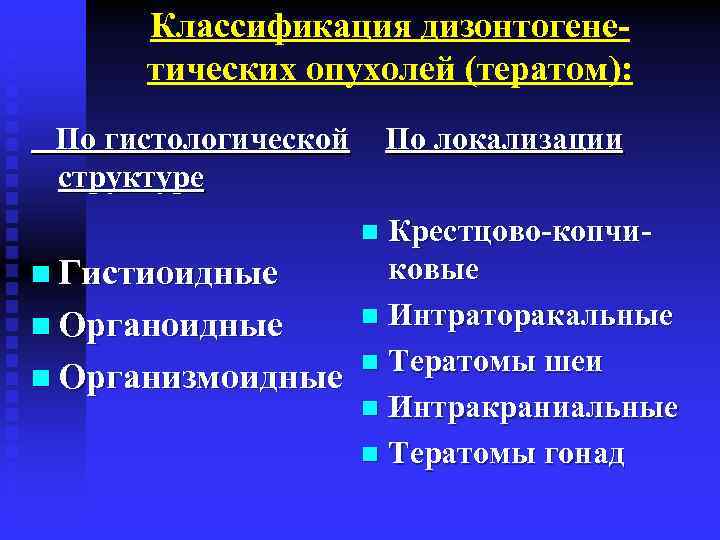 Классификация дизонтогенетических опухолей (тератом): По гистологической По локализации структуре Крестцово-копчиковые n Гистиоидные n Интраторакальные