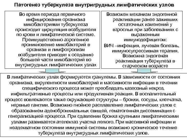 Патогенез туберкулеза внутригрудных лимфатических узлов Во время периода первичного инфицирования организма микобактериями туберкулеза происходит