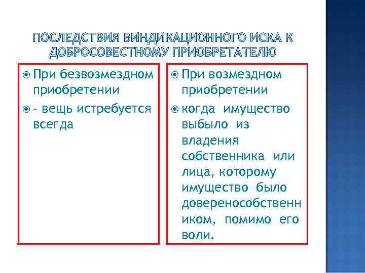  При безвозмездном приобретении - вещь истребуется всегда При возмездном приобретении когда имущество выбыло