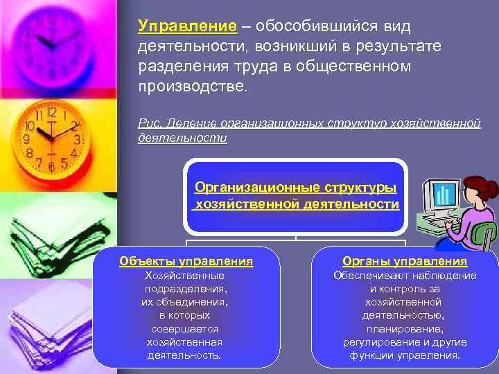 Управление – обособившийся вид деятельности, возникший в результате разделения труда в общественном производстве. Рис.