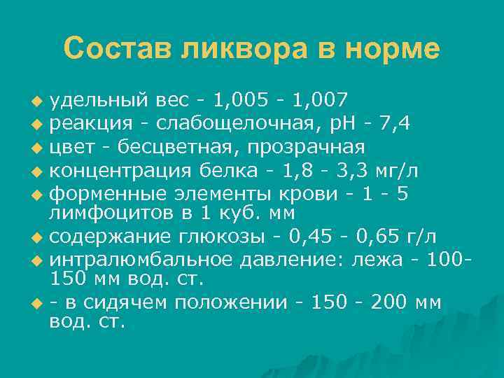 Состав ликвора в норме удельный вес - 1, 005 - 1, 007 u реакция