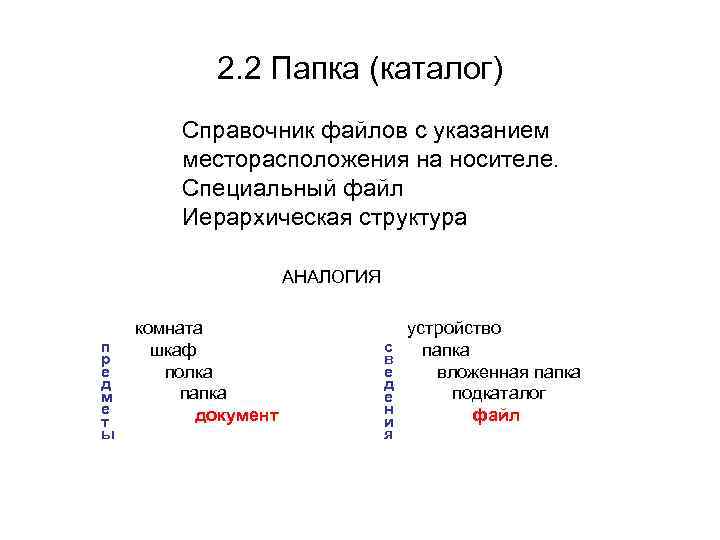 2. 2 Папка (каталог) Справочник файлов с указанием месторасположения на носителе. Специальный файл Иерархическая