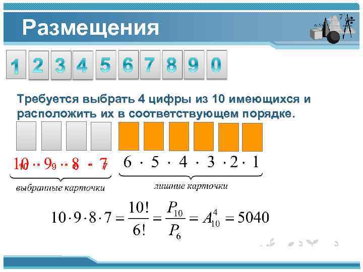 Размещения Требуется выбрать 4 цифры из 10 имеющихся и расположить их в соответствующем порядке.