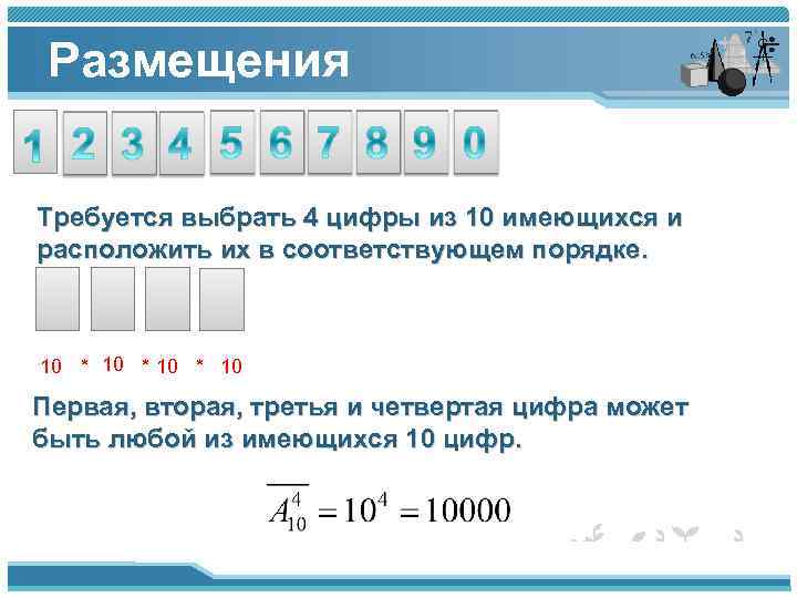 Размещения Требуется выбрать 4 цифры из 10 имеющихся и расположить их в соответствующем порядке.