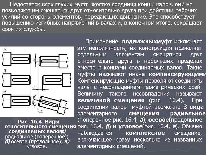 Недостаток всех глухих муфт: жёстко соединяя концы валов, они не позволяют им смещаться друг