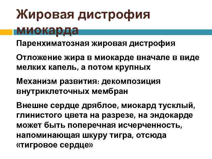 Жировая дистрофия миокарда Паренхиматозная жировая дистрофия Отложение жира в миокарде вначале в виде мелких