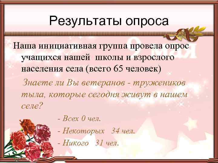 Результаты опроса Наша инициативная группа провела опрос учащихся нашей школы и взрослого населения села