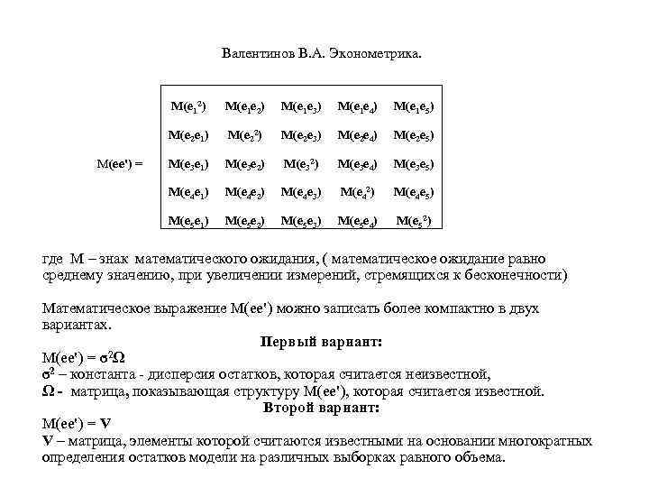  Валентинов В. А. Эконометрика. М(е 12) М(е 1 е 3) М(е 1 е