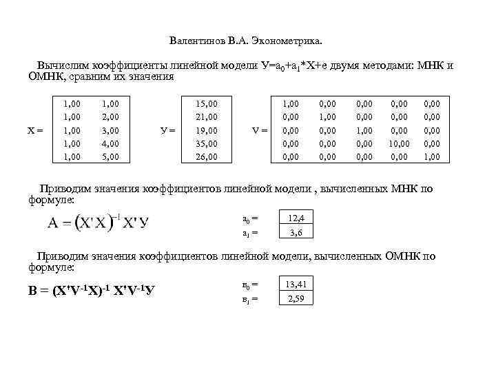  Валентинов В. А. Эконометрика. Вычислим коэффициенты линейной модели У=а 0+а 1*Х+е двумя методами:
