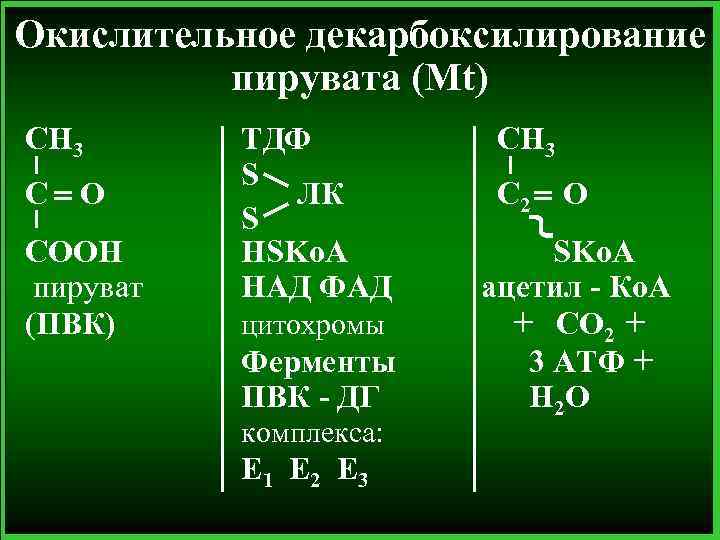 Окислительное декарбоксилирование пирувата (Mt) CH 3 C O COOH пируват (ПВК) ТДФ S ЛК