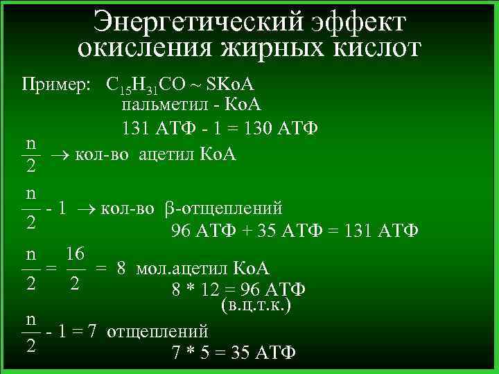 Энергетический эффект окисления жирных кислот Пример: C 15 H 31 CO ~ SKo. A