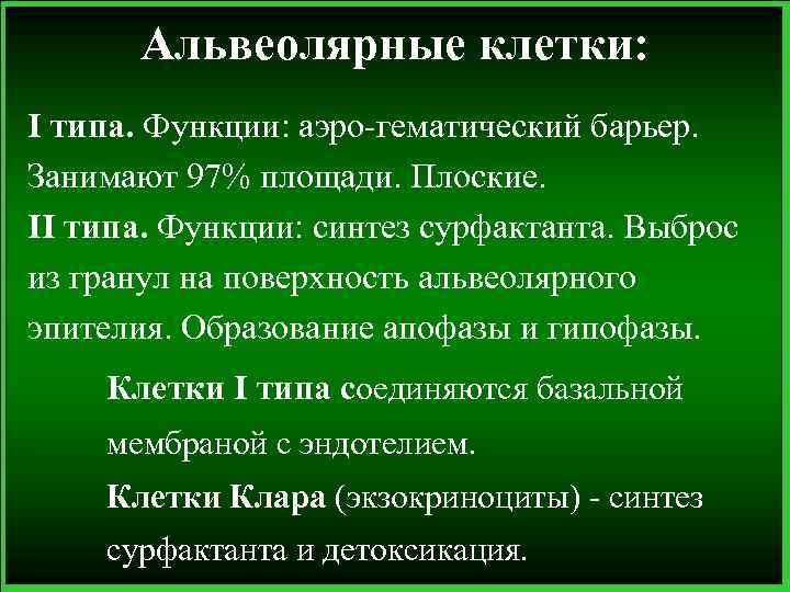 Альвеолярные клетки: I типа. Функции: аэро-гематический барьер. Занимают 97% площади. Плоские. II типа. Функции: