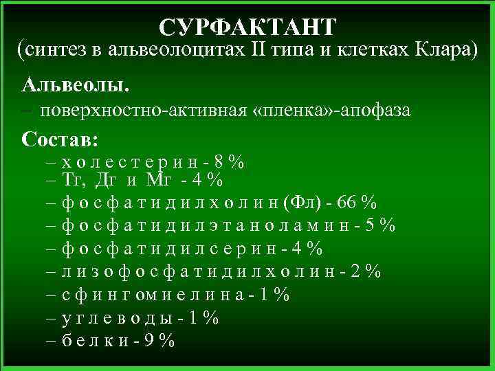 СУРФАКТАНТ (синтез в альвеолоцитах II типа и клетках Клара) Альвеолы. – поверхностно-активная «пленка» -апофаза