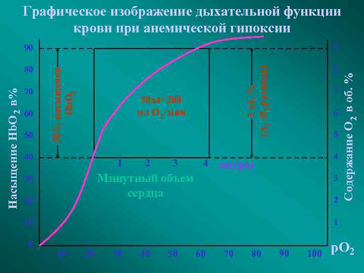 Графическое изображение дыхательной функции крови при анемической гипоксии 60 50 50 х4=200 мл О