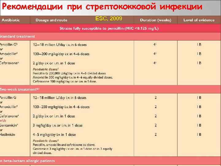 Рекомендации при стрептококковой инфекции ESC, 2009 
