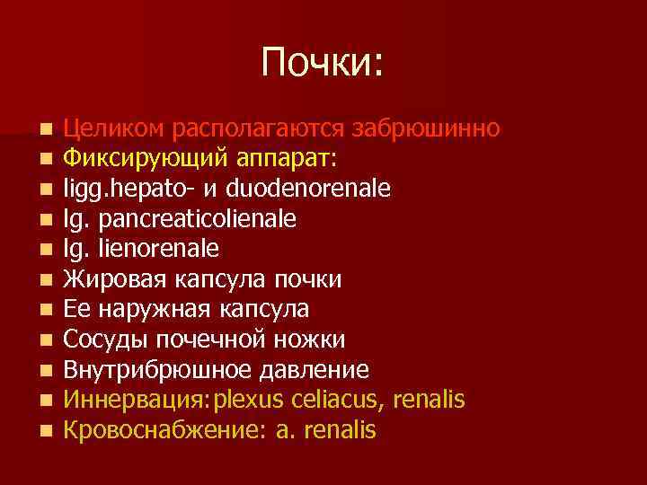 Почки: n n n Целиком располагаются забрюшинно Фиксирующий аппарат: ligg. hepato- и duodenorenale lg.