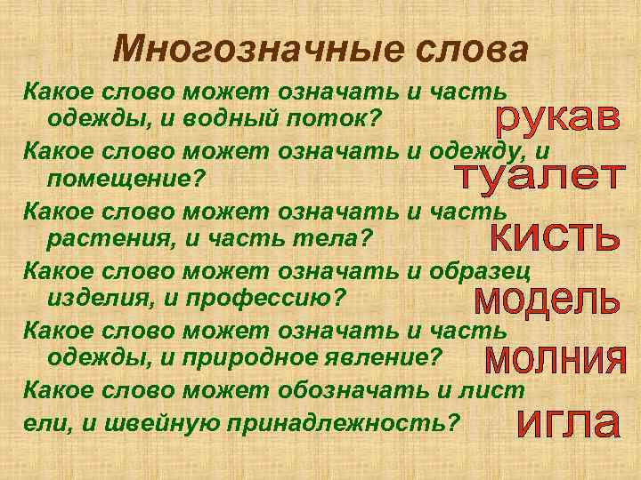 Многозначные слова Какое слово может означать и часть одежды, и водный поток? Какое слово