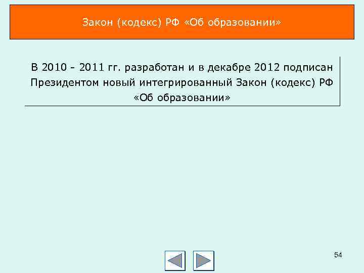 Закон (кодекс) РФ «Об образовании» В 2010 2011 гг. разработан и в декабре 2012