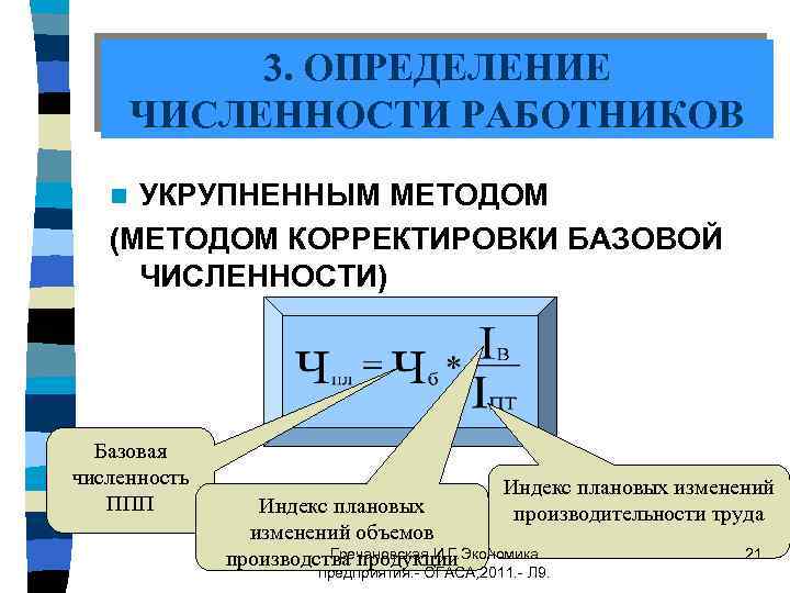 3. ОПРЕДЕЛЕНИЕ ЧИСЛЕННОСТИ РАБОТНИКОВ УКРУПНЕННЫМ МЕТОДОМ (МЕТОДОМ КОРРЕКТИРОВКИ БАЗОВОЙ ЧИСЛЕННОСТИ) n Базовая численность ППП