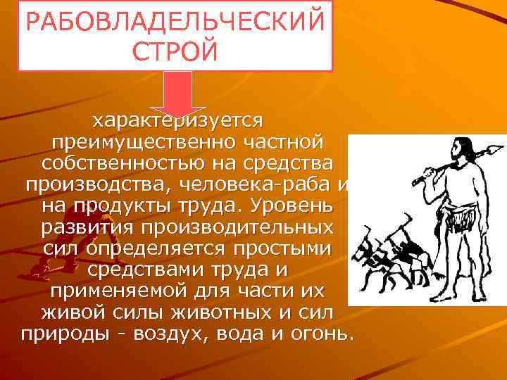 РАБОВЛАДЕЛЬЧЕСКИЙ СТРОЙ характеризуется преимущественно частной собственностью на средства производства, человека раба и на продукты