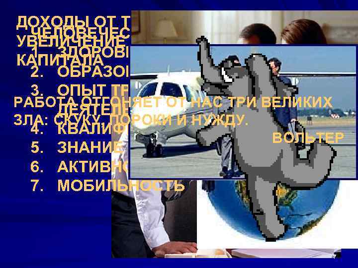 ДОХОДЫ ОТ ТРУДА – ЧЕЛОВЕЧЕСКИЙ КАПИТАЛ: УВЕЛИЧЕНИЕ ЧЕЛОВЕЧЕСКОГО 1. ЗДОРОВЬЕ, КАПИТАЛА 2. ОБРАЗОВАНИЕ, 3.