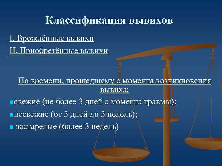 Классификация вывихов I. Врождённые вывихи II. Приобретённые вывихи По времени, прошедшему с момента возникновения