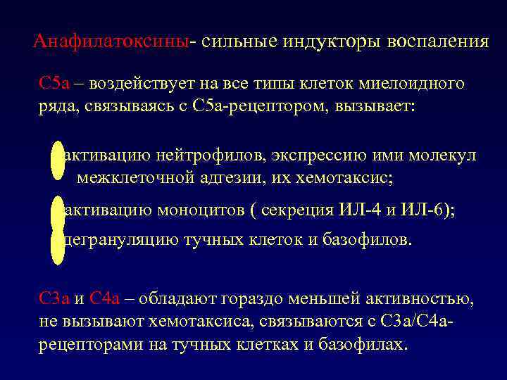 Анафилатоксины- сильные индукторы воспаления С 5 a – воздействует на все типы клеток миелоидного