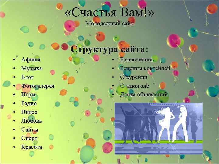  «Счастья Вам!» Молодежный сайт Структура сайта: • • • Афиша Музыка Блог Фотогалерея