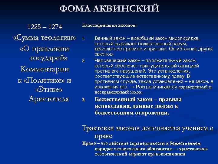 ФОМА АКВИНСКИЙ 1225 – 1274 «Сумма теологии» «О правлении государей» Комментарии к «Политике» и