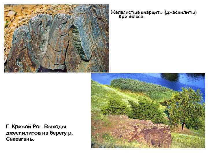 Железистые кварциты (джеспилиты) Кривбасса. Г. Кривой Рог. Выходы джеспилитов на берегу р. Саксагань. 
