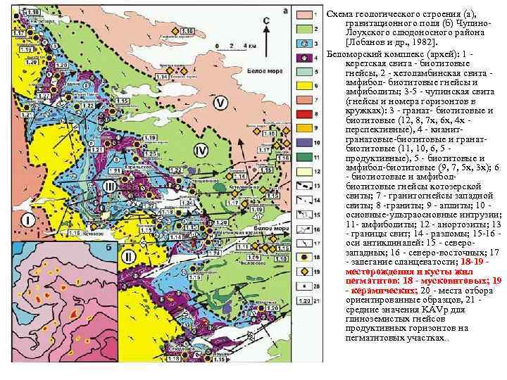 Схема геологического строения (а), гравитационного поля (б) Чупино. Лоухского слюдоносного района [Лобанов и др.