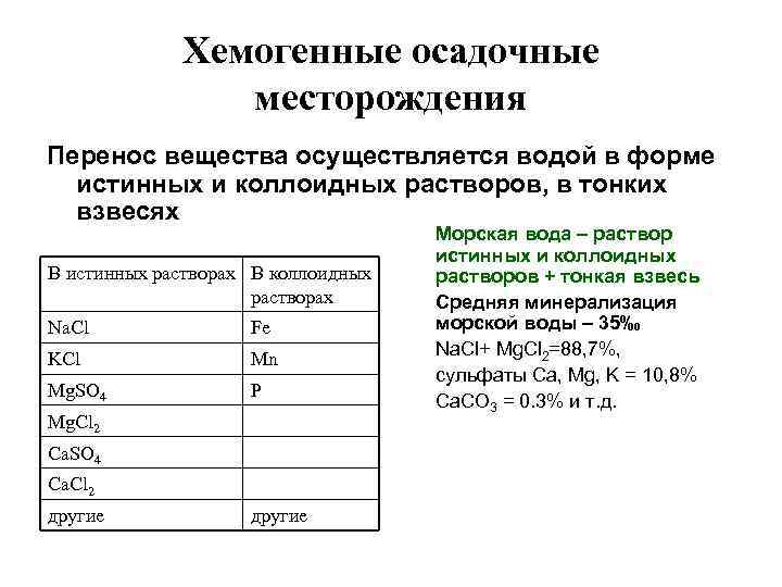 Хемогенные осадочные месторождения Перенос вещества осуществляется водой в форме истинных и коллоидных растворов, в