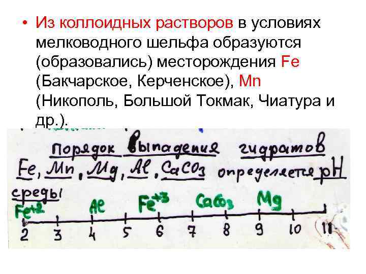  • Из коллоидных растворов в условиях мелководного шельфа образуются (образовались) месторождения Fe (Бакчарское,