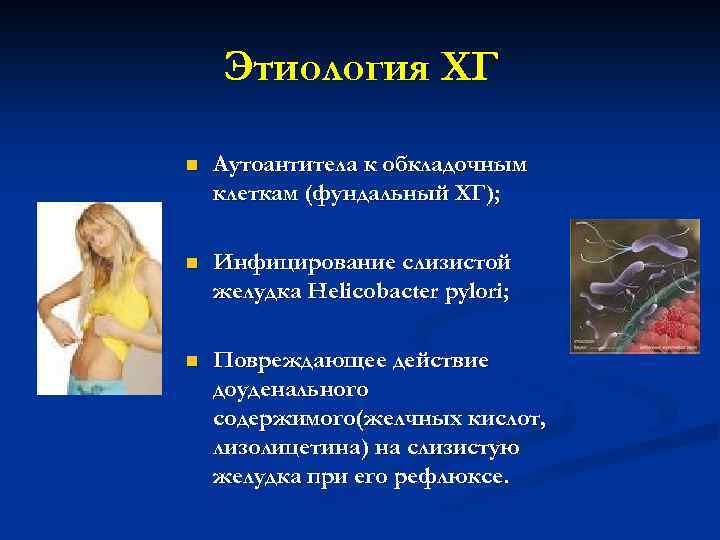 Этиология ХГ n Аутоантитела к обкладочным клеткам (фундальный ХГ); n Инфицирование слизистой желудка Helicobacter