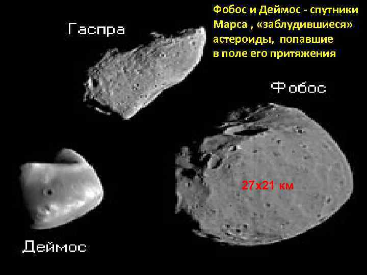 Фобос и Деймос - спутники Марса , «заблудившиеся» астероиды, попавшие в поле его притяжения