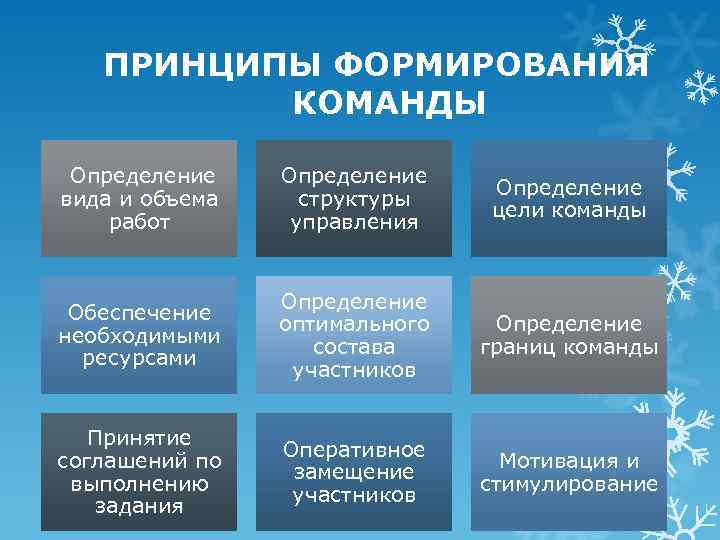 ПРИНЦИПЫ ФОРМИРОВАНИЯ КОМАНДЫ Определение вида и объема работ Определение структуры управления Определение цели команды
