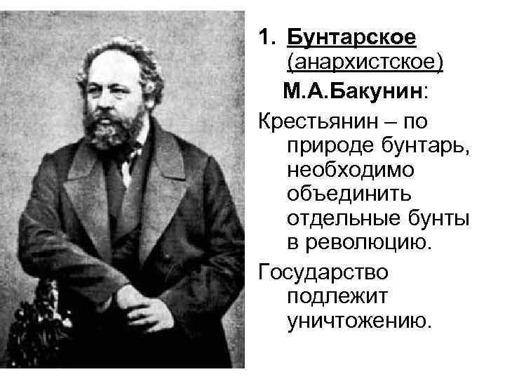 1. Бунтарское (анархистское) М. А. Бакунин: Крестьянин – по природе бунтарь, необходимо объединить отдельные