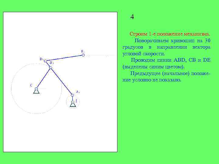 4 Строим 1 -е положение механизма. Поворачиваем кривошип на 30 градусов в направлении вектора
