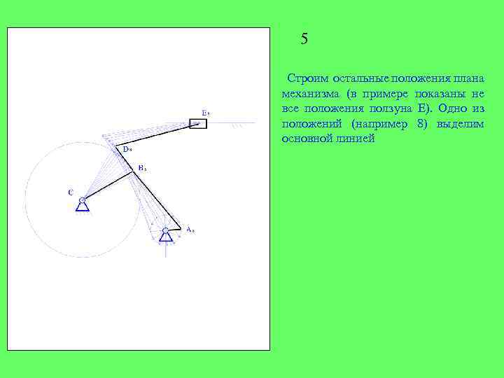 5 Строим остальные положения плана механизма (в примере показаны не все положения ползуна Е).