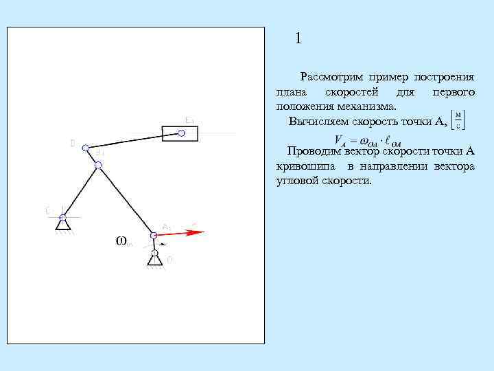 1 Рассмотрим пример построения плана скоростей для первого положения механизма. Вычисляем скорость точки А,