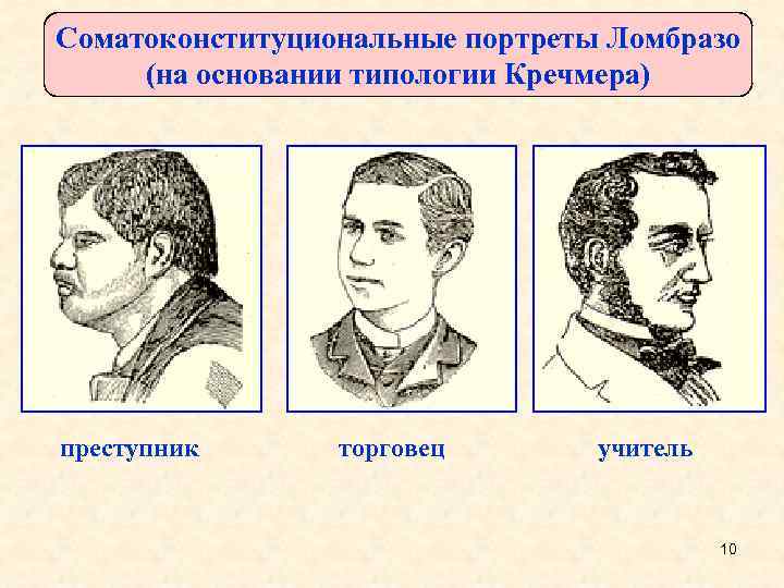 Соматоконституциональные портреты Ломбразо (на основании типологии Кречмера) преступник торговец учитель 10 