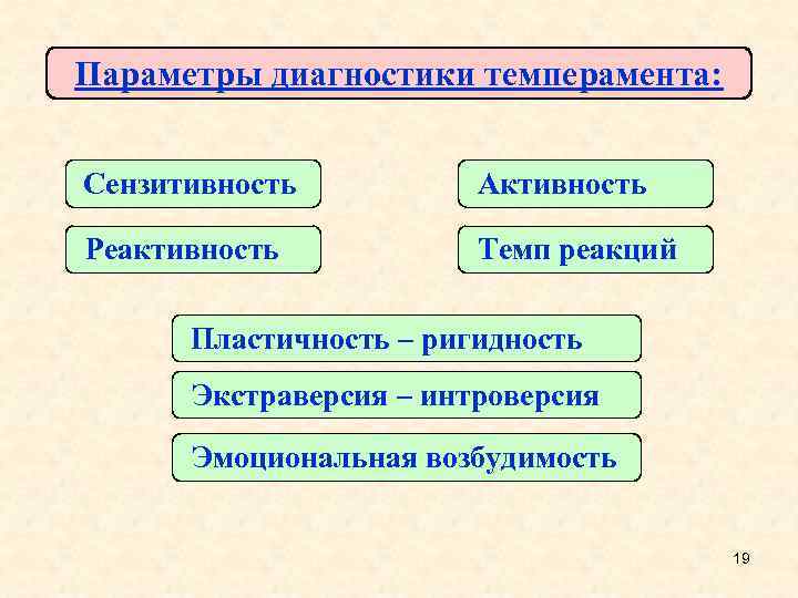 Параметры диагностики темперамента: Сензитивность Активность Реактивность Темп реакций Пластичность – ригидность Экстраверсия – интроверсия