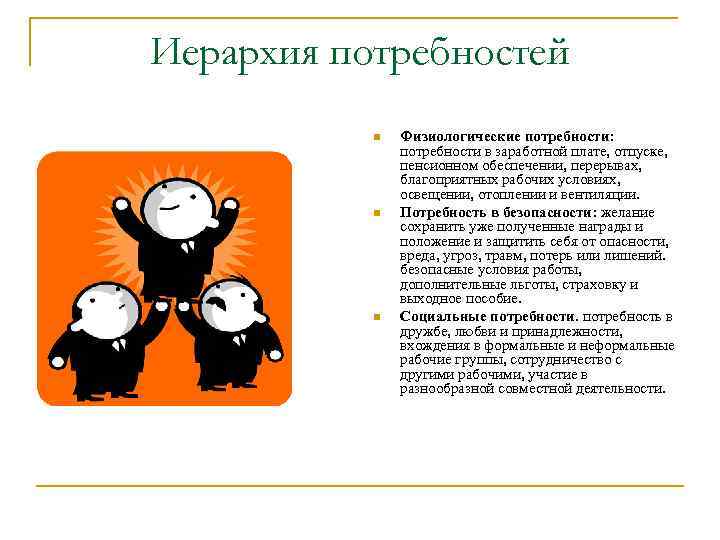 Иерархия потребностей n n n Физиологические потребности: потребности в заработной плате, отпуске, пенсионном обеспечении,