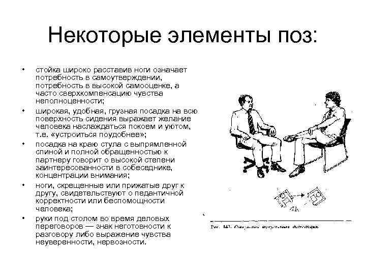Некоторые элементы поз: • • • стойка широко расставив ноги означает потребность в самоутверждении,
